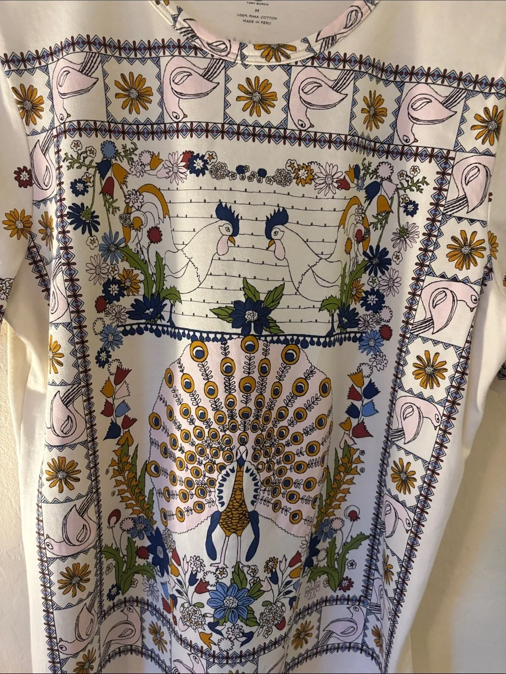 Tory Burch White Tee with Multicolor Peacock & Floral Print